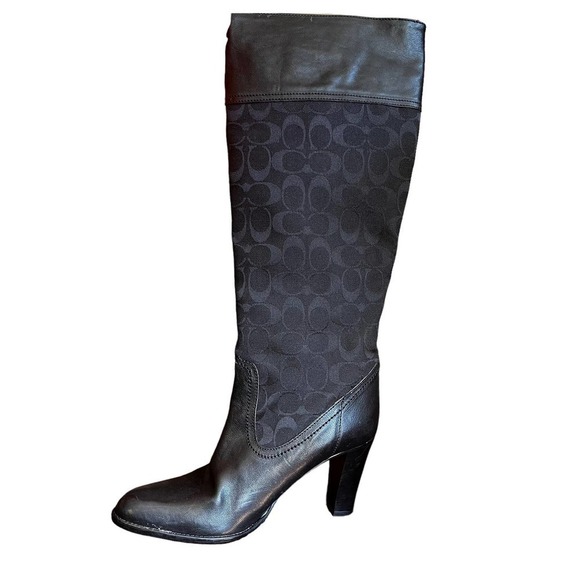 Coach Yvette Tall Leather & Logo Fabric Mixed Media Boots Black Women's Size 10B - Picture 1 of 10